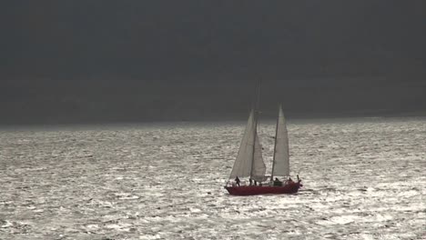 a sailboat travels on silvery water