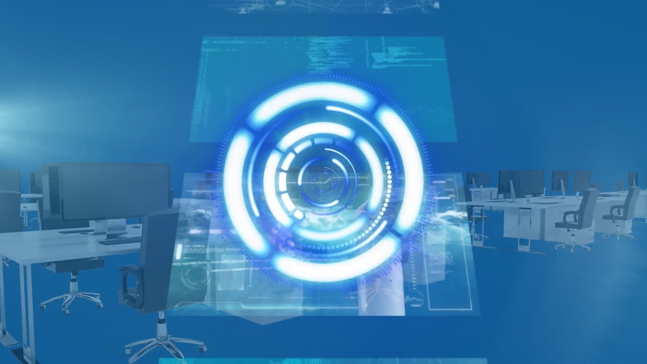 빈 사무실 위의 스크린에서 스 ⁇  스캐닝과 데이터 처리의 애니메이션