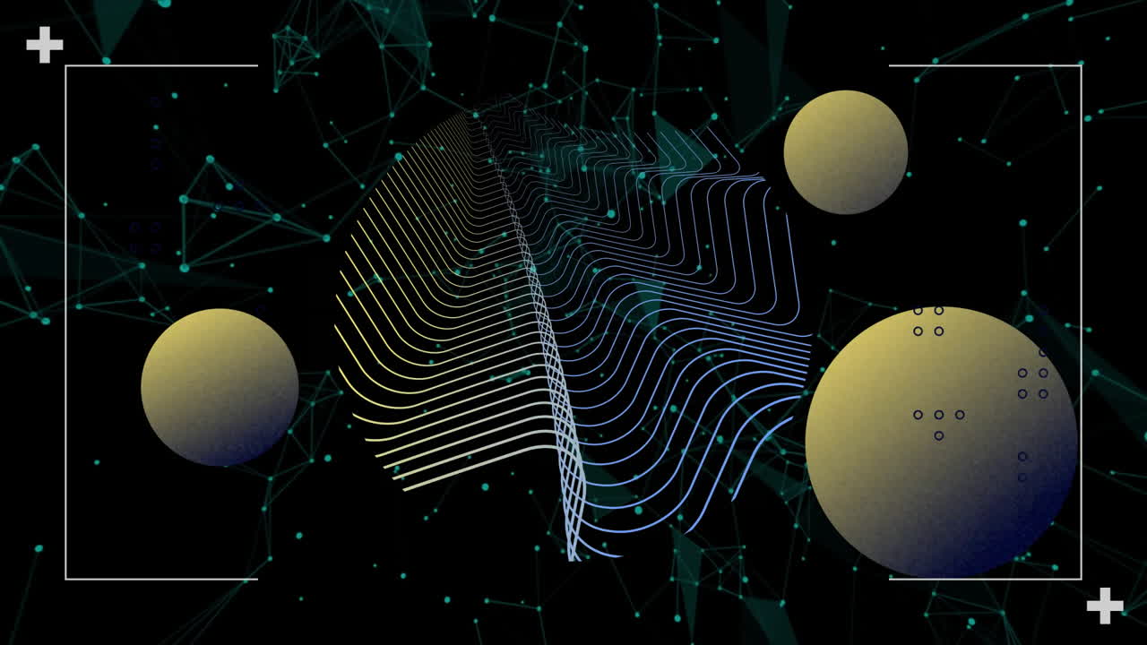 Undulating striped wireframe showing on black canvas, floating gradient spheres linking teal nodes