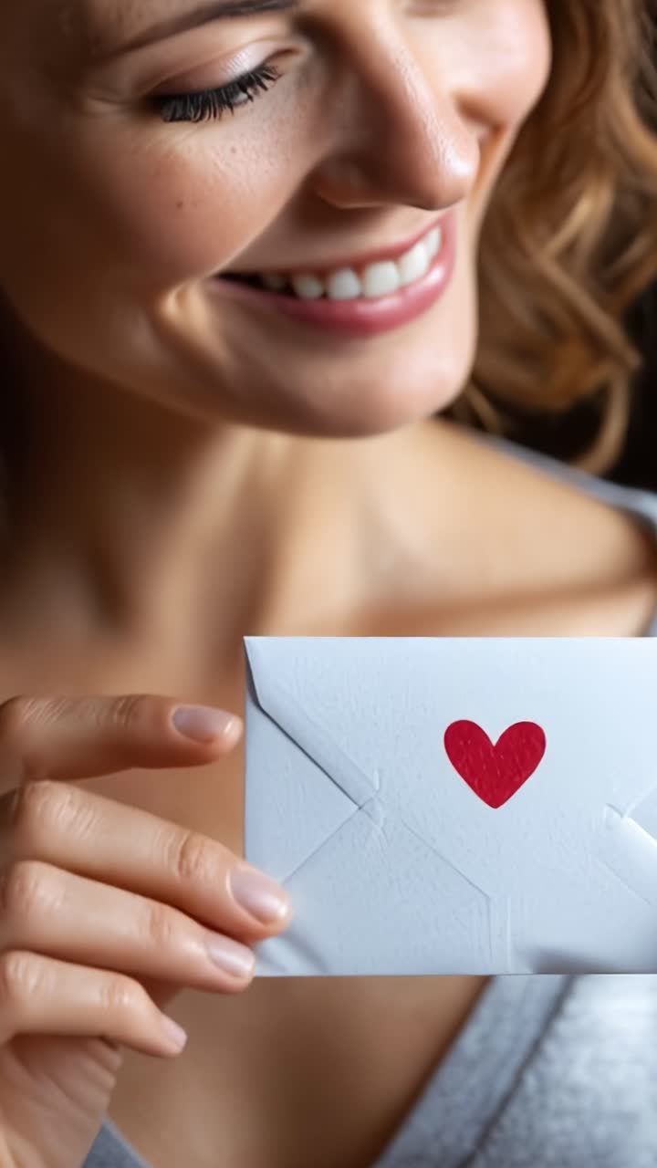 Una donna esprime gioia e amore mentre tiene in mano una lettera decorata con un cuore rosso, catturando un momento pieno di affetto e anticipazione di qualcosa di speciale