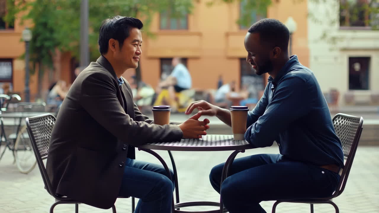 Diverse Couple Holding Hands at an Outdoor Cafe