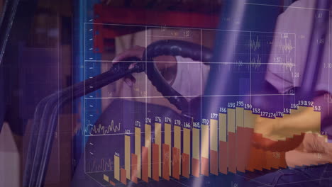 using exercise equipment, person viewing animation of bar chart and data graphs