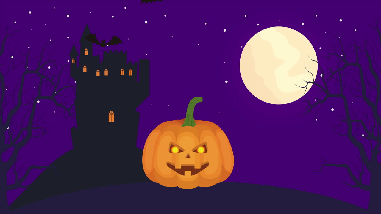 escena oscura de halloween con castillo y calabaza