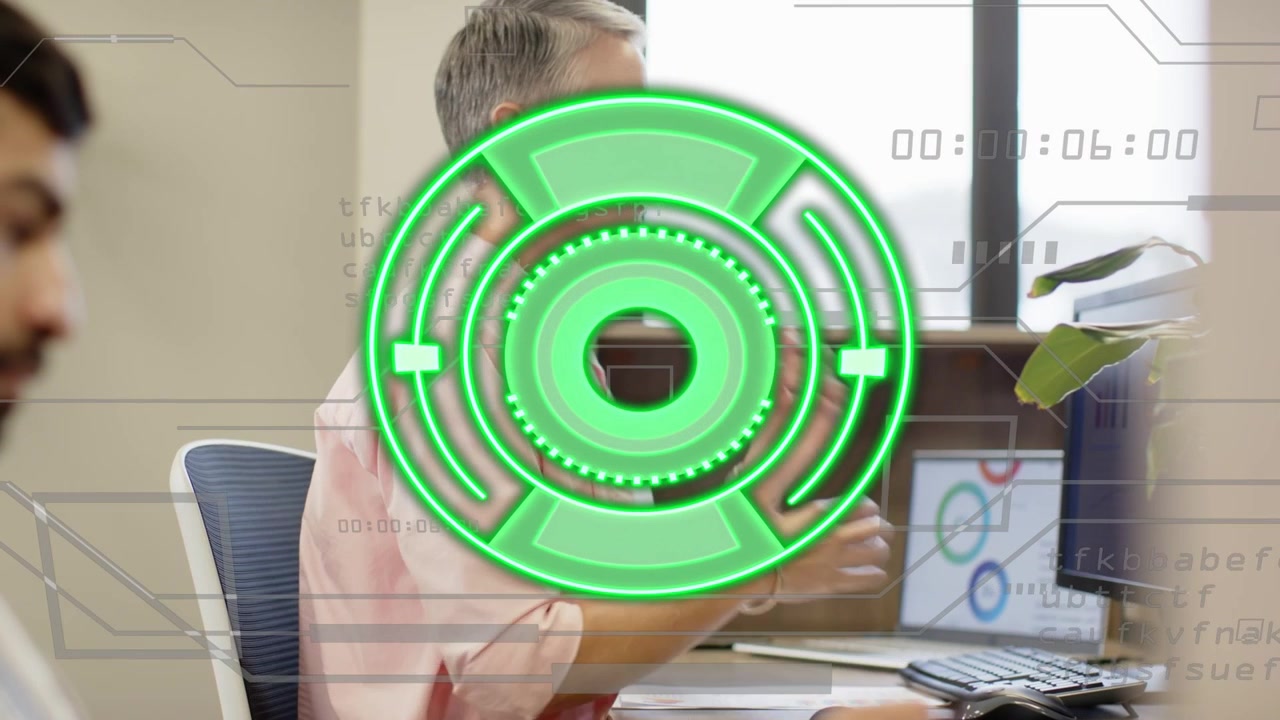 Female office worker typing, adjusting posture, initiating green HUD animation and analyzing charts