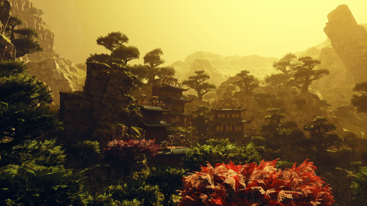 Lush landscape of ancient architecture surrounded by vibrant flora in china
