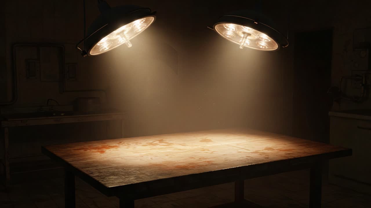 Illuminated Table Under Overhead Lights Creating a Dramatic Atmosphere in a Dimly Lit Room Suggesting a Scene of Mystery and Intrigue