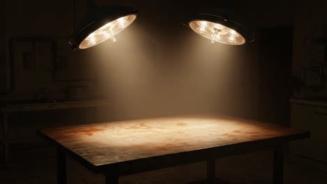 illuminated table under overhead lights creating a dramatic atmosphere in a dimly lit room suggesting a scene of mystery and intrigue