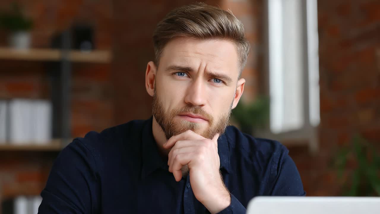 Contemplative Man in a Modern Workspace: A Focused Individual Deep in Thought, Exhibiting Introspection and Curiosity Amidst Contemporary Decor and Technology