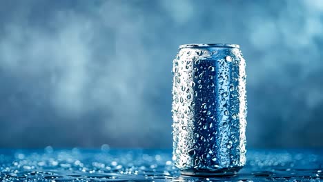 una lata de agua con gotas de agua en ella