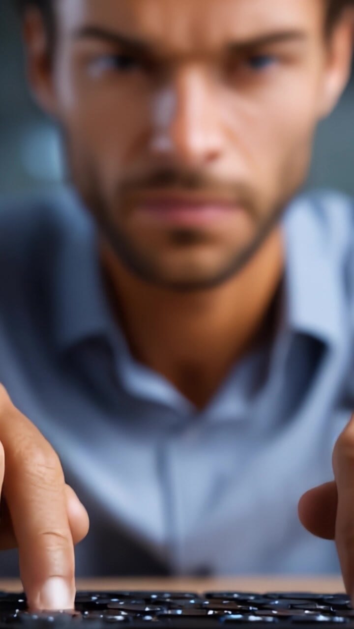 Individuo Concentrato che Digita su una Tastiera, Catturato in Due Fotogrammi, Mostrando Concentrazione e Coinvolgimento con la Tecnologia in una Prospettiva Ravvicinata