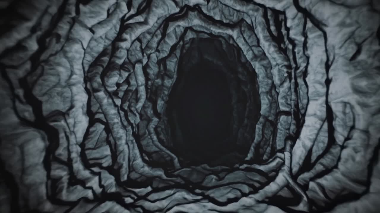 Dark, textured tunnel descends into the unknown, showcasing intricate layers of shadows and light, creating a sense of depth and mystery in a continuous motion sequence