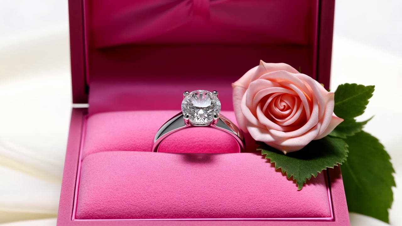 Pink Box With Engagement Ring Sparkling Diamond Solitaire Beside Blush Rose On Satin Backdrop, Velvet Interior