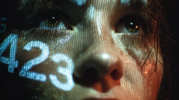 Et intenst nærbillede af en ung persons ansigt, belyst af dynamiske numeriske projektioner, der ændrer sig over tid, hvilket skaber en tankevækkende atmosfære af teknologi og følelser under en digital oplevelse.