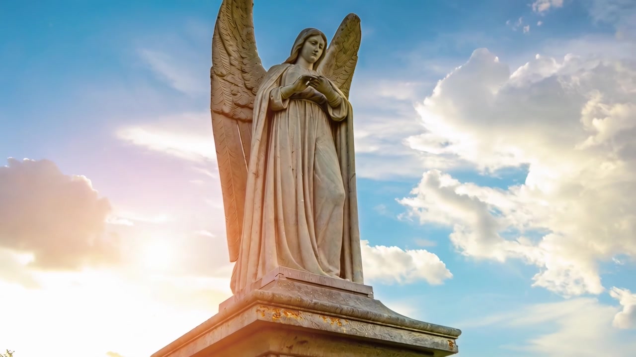 Statua di angelo in pietra che si staglia contro un cielo azzurro brillante