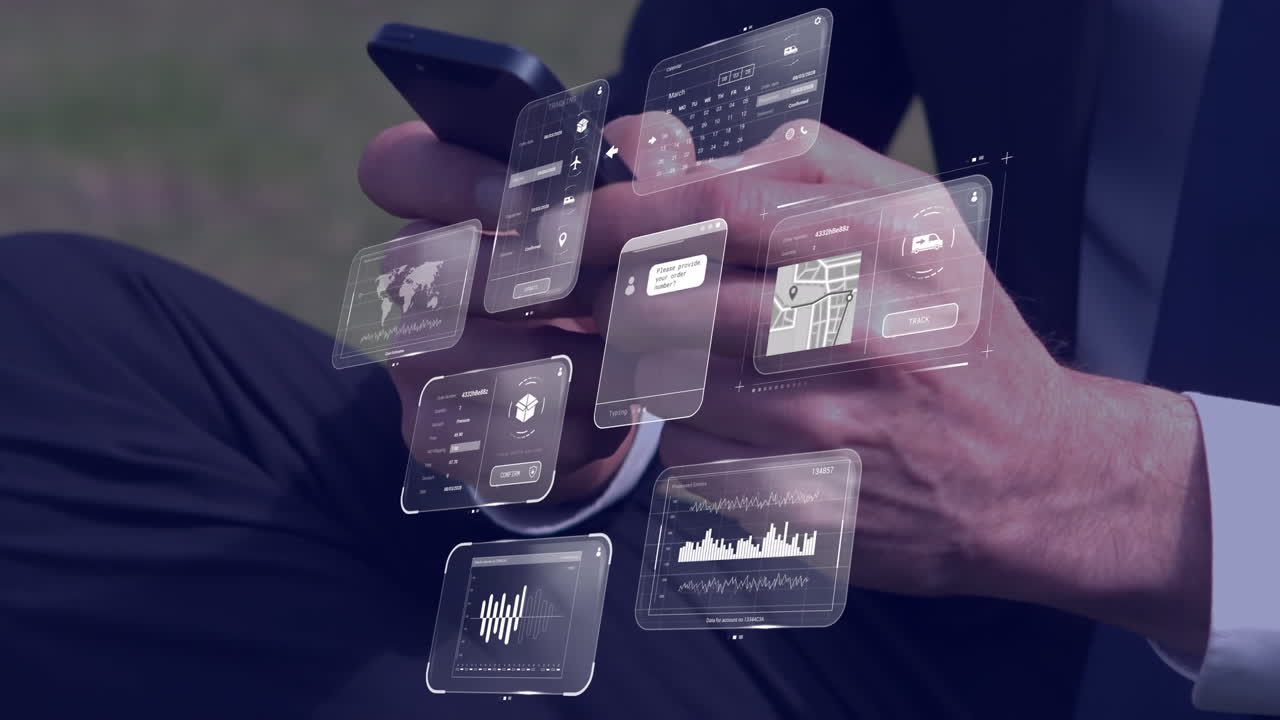 animación de datos en pantallas sobre hombre de negocios caucásico con teléfono inteligente