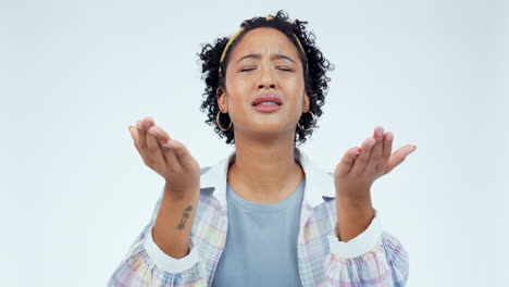 Praying,-hands-and-woman-in-studio-for-worship