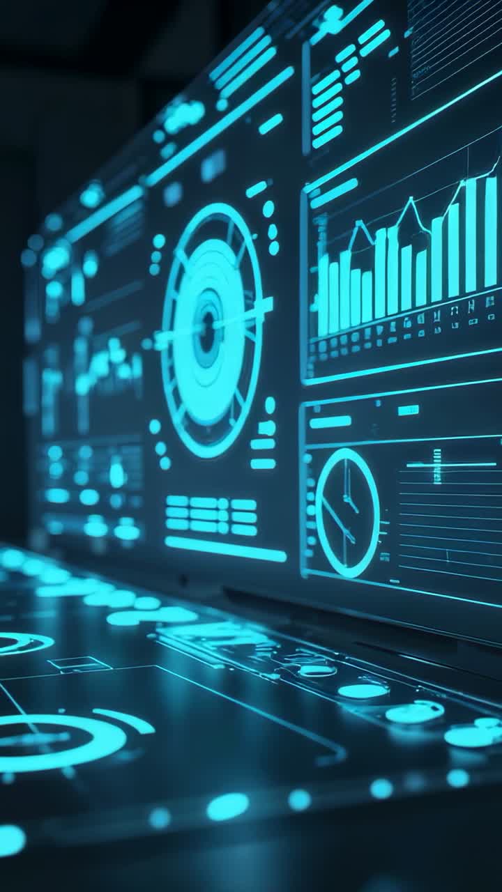 Vertical video: Dashboard receiving data, updating metrics at console, rotating gauge and bar chart