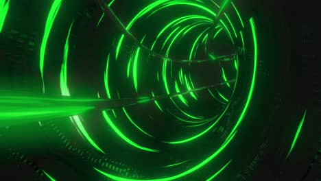 Animation-of-tunnel-made-of-green-lights-moving-fast-on-black-background