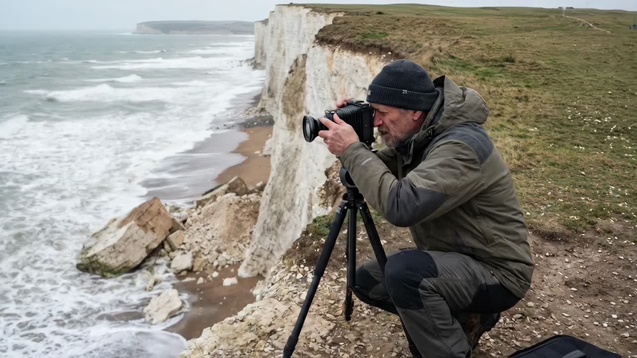 Fotógrafo profissional capturando paisagem costeira da beira do penhasco