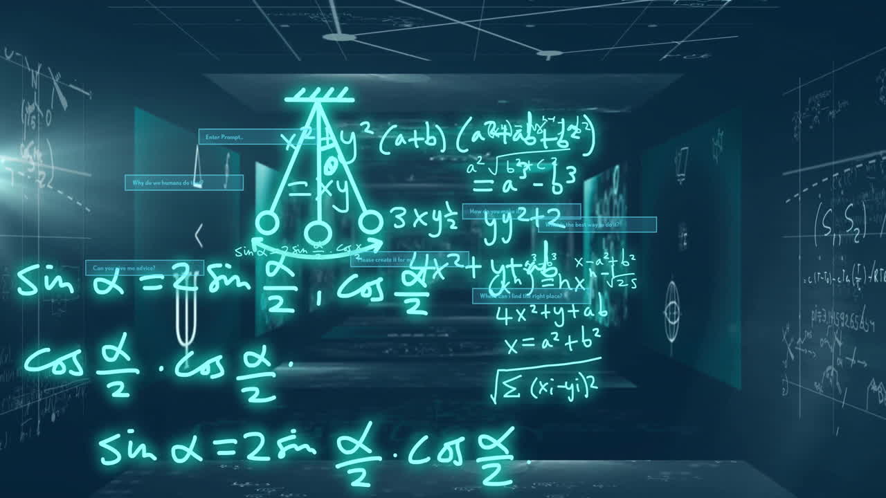 Animating mathematical equations and formulas over futuristic digital tunnel background