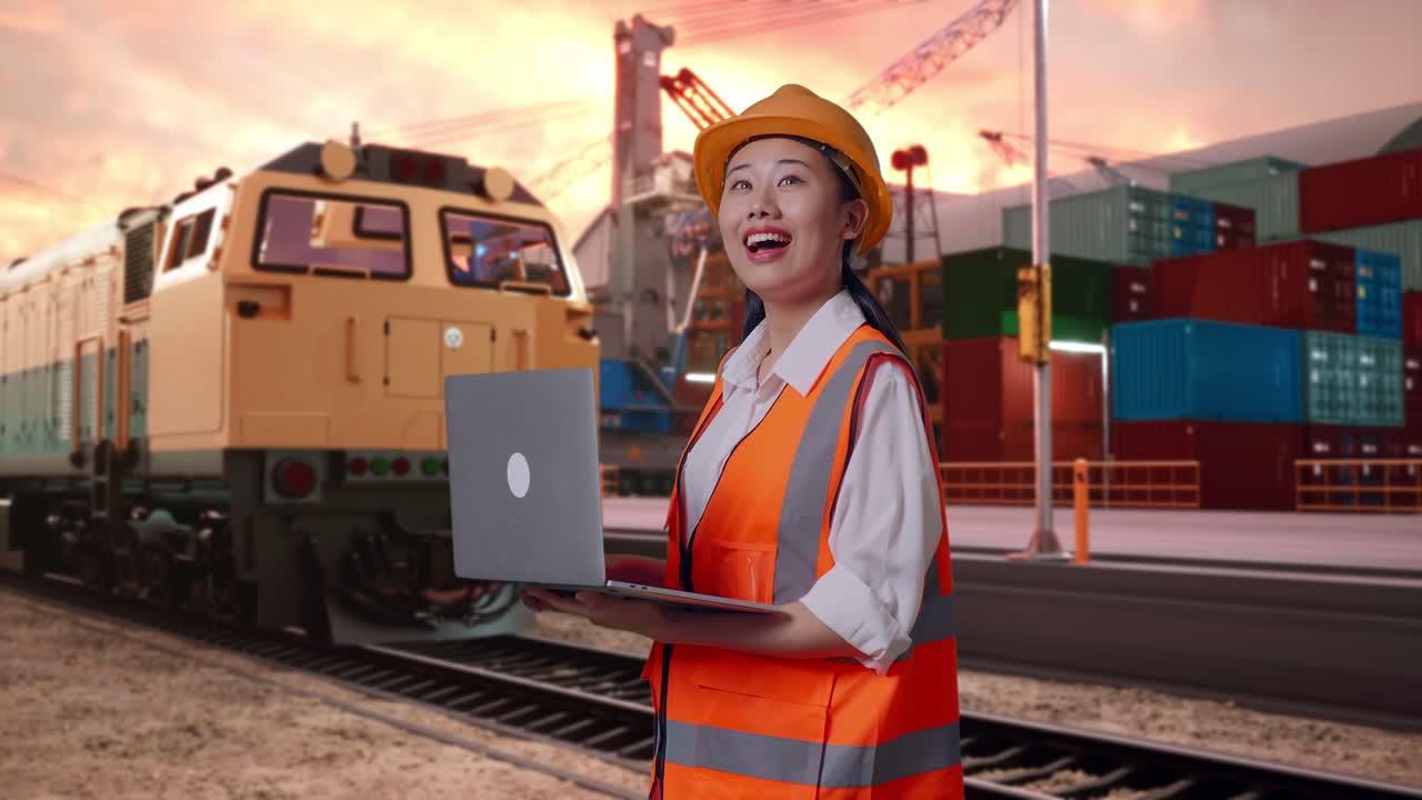 Side View Of Asian Female Engineer With Safety Helmet Working On A Laptop And Looking Around With Freight Cargo Train At Port