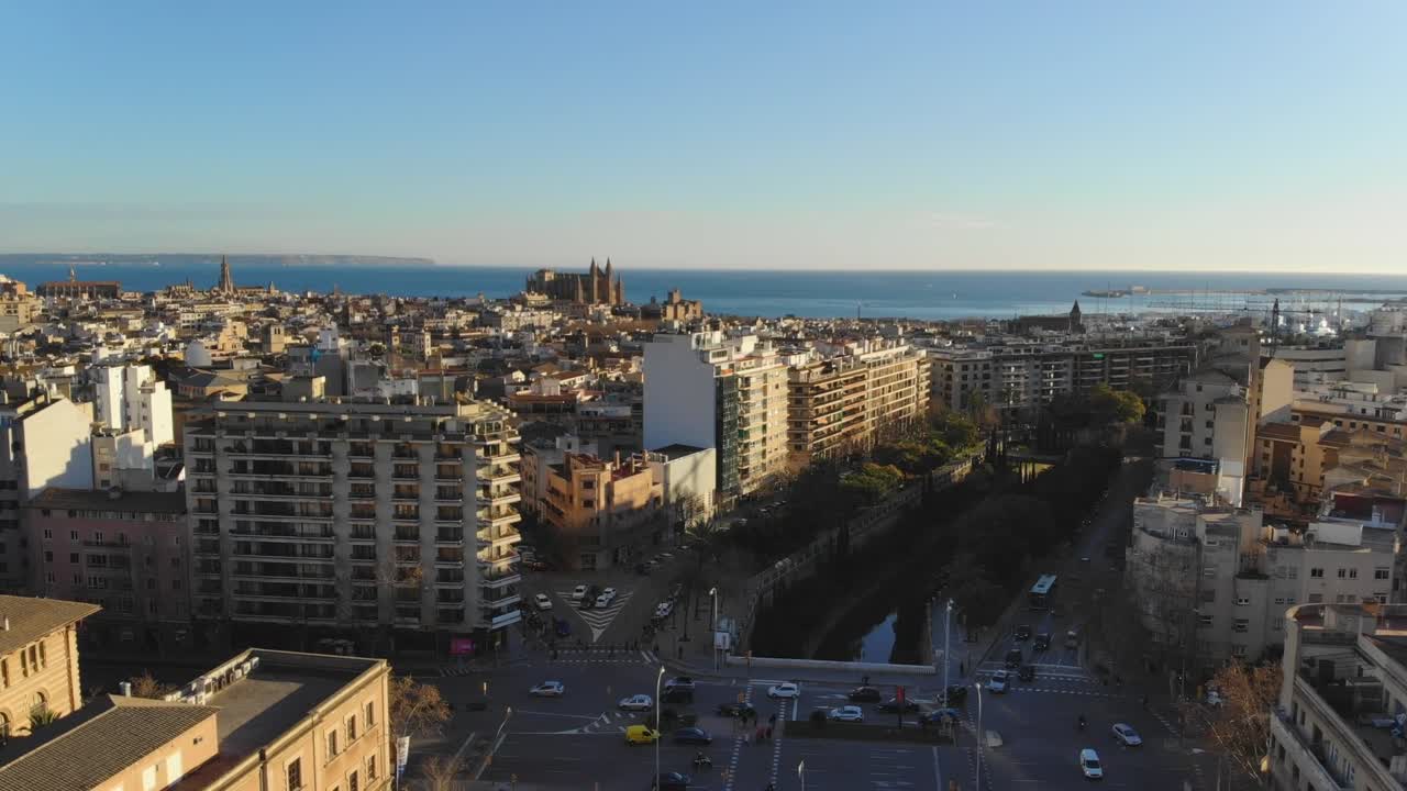 Drone rising high with view over Palma De Mallorca