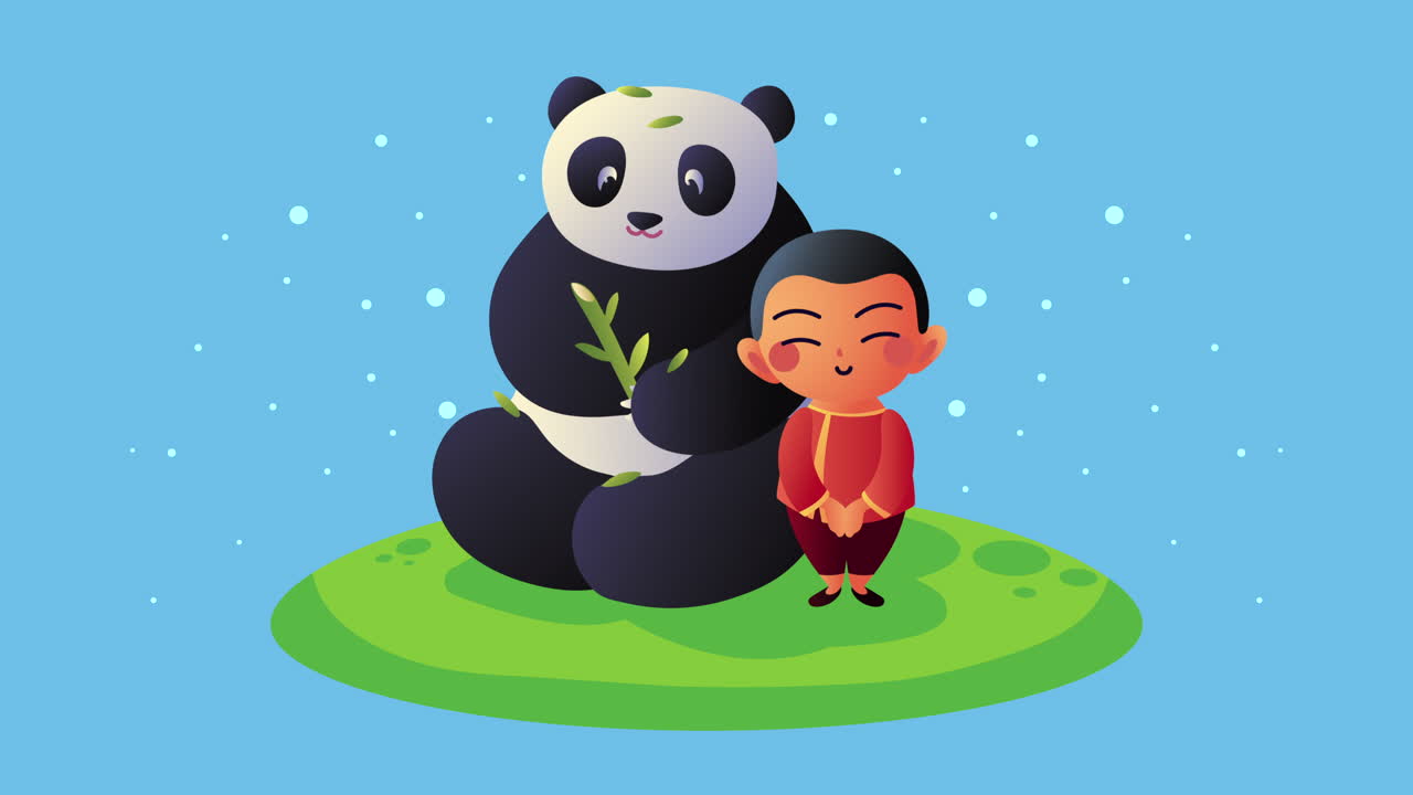 el hombre de la cultura asiática y la animación del oso panda