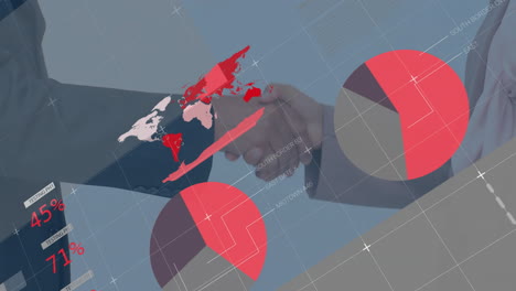 animation of financial data processing over diverse business people shaking hands