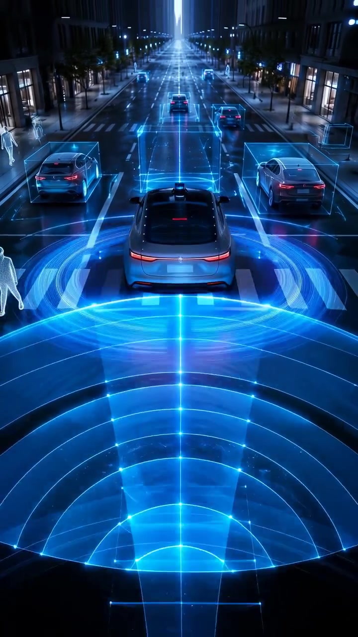 Un'auto autonoma bianca avanza di notte lungo una strada cittadina futuristica, guidata da anelli blu luminosi e un fascio di luce centrale