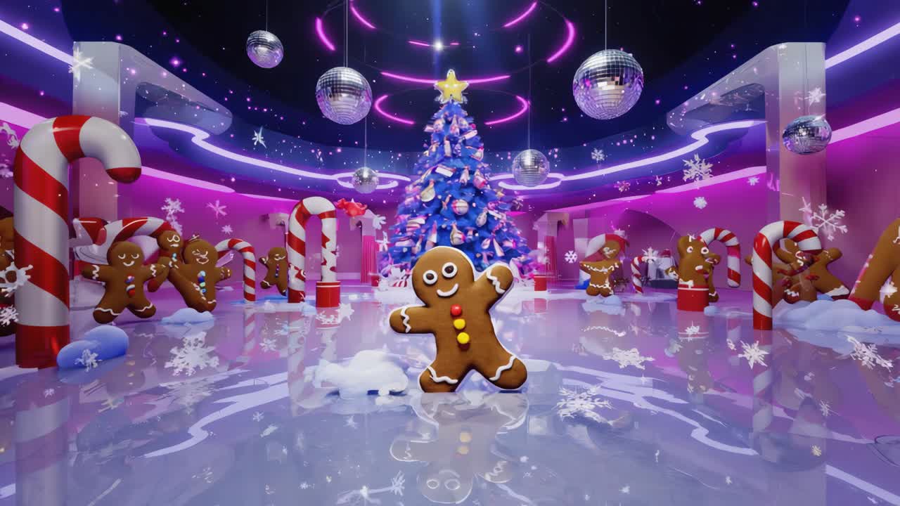 Festive Christmas party scene with gingerbread men and candy canes