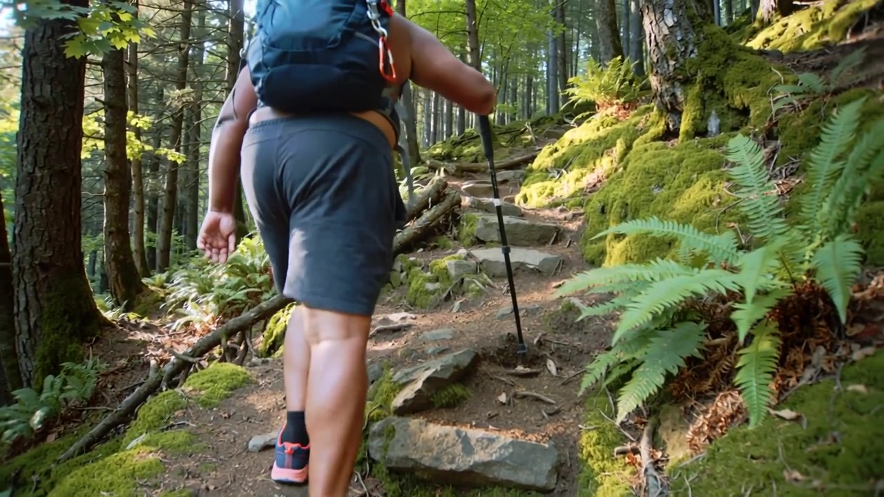 Appoggiando il bastone da trekking per l'equilibrio, escursionista maschio che sale gradini di sentiero muschioso, canotta e zaino