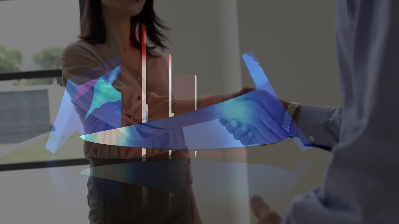 procesamiento de datos estadísticos contra un hombre de negocios caucásico y una mujer de negocios que se dan la mano