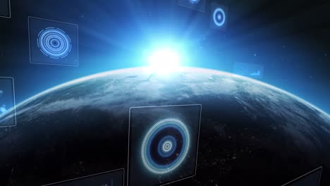 animación de escaneos y procesamiento de datos en pantallas en todo el mundo con horizonte brillante