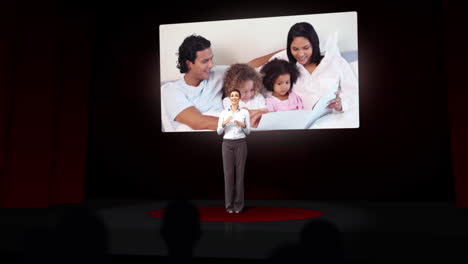 animation of businesswoman presenting a family montage