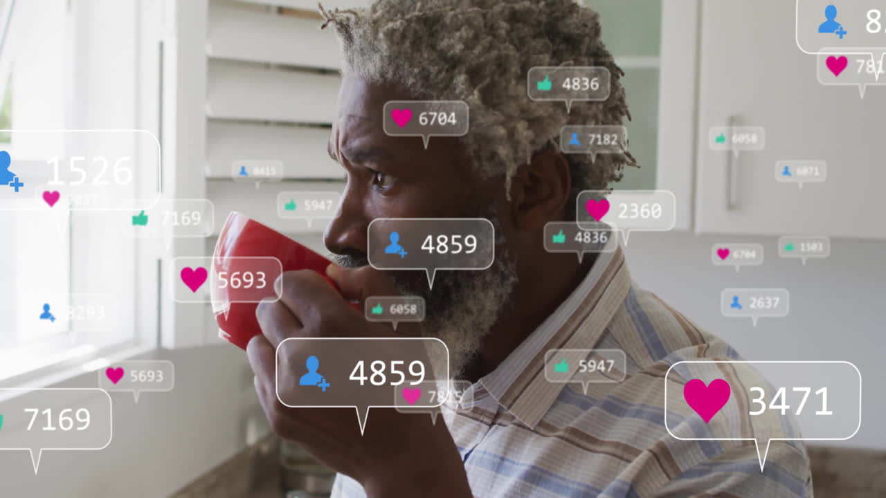 Man sipping coffee in kitchen, displaying social marketing with floating heart and follower icons
