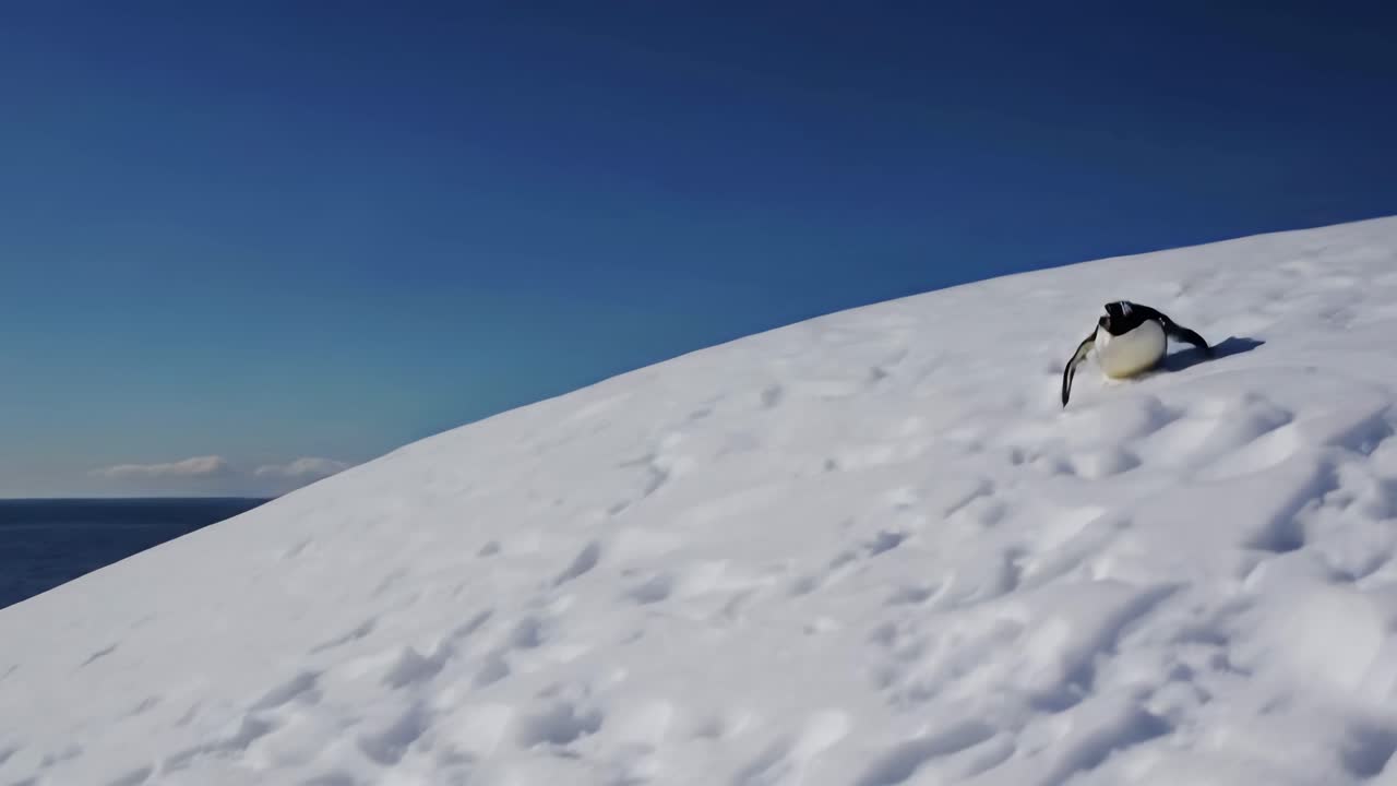 el pingüino gentoo en la pendiente de nieve