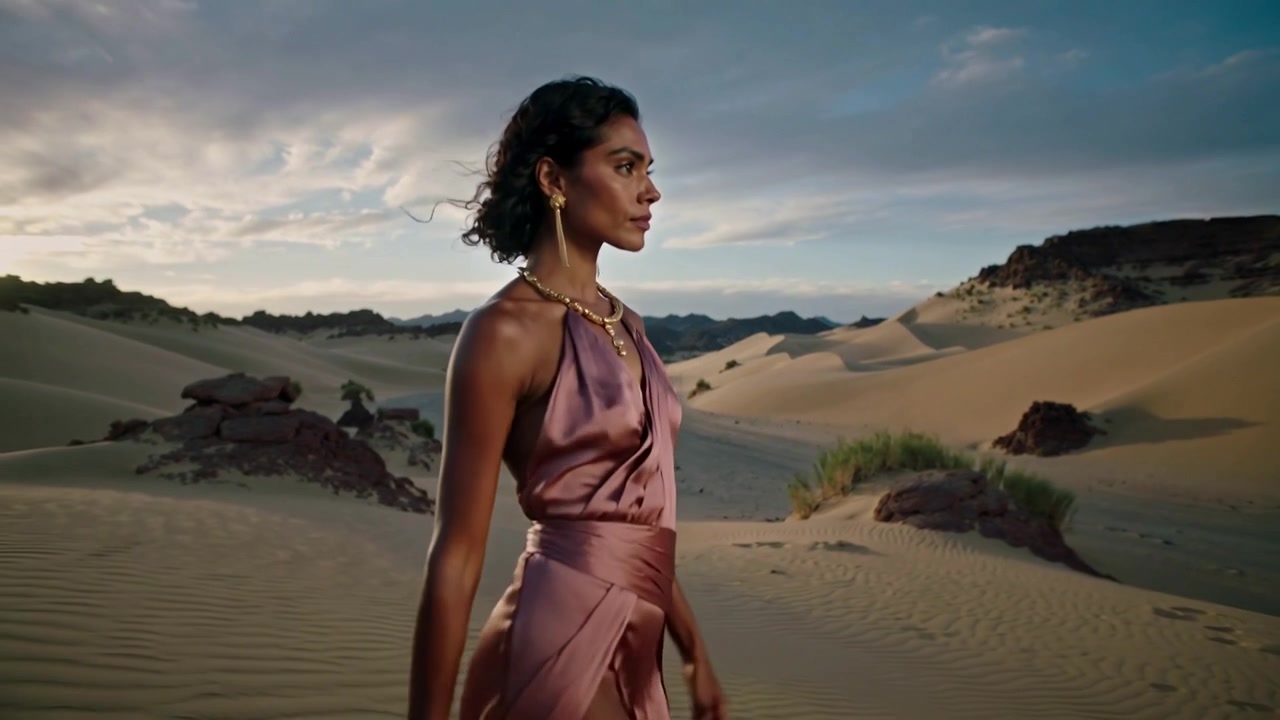 Modella che cammina attraversando le dune mentre la telecamera la segue, mettendo in mostra un abito di raso per un servizio fotografico di moda.