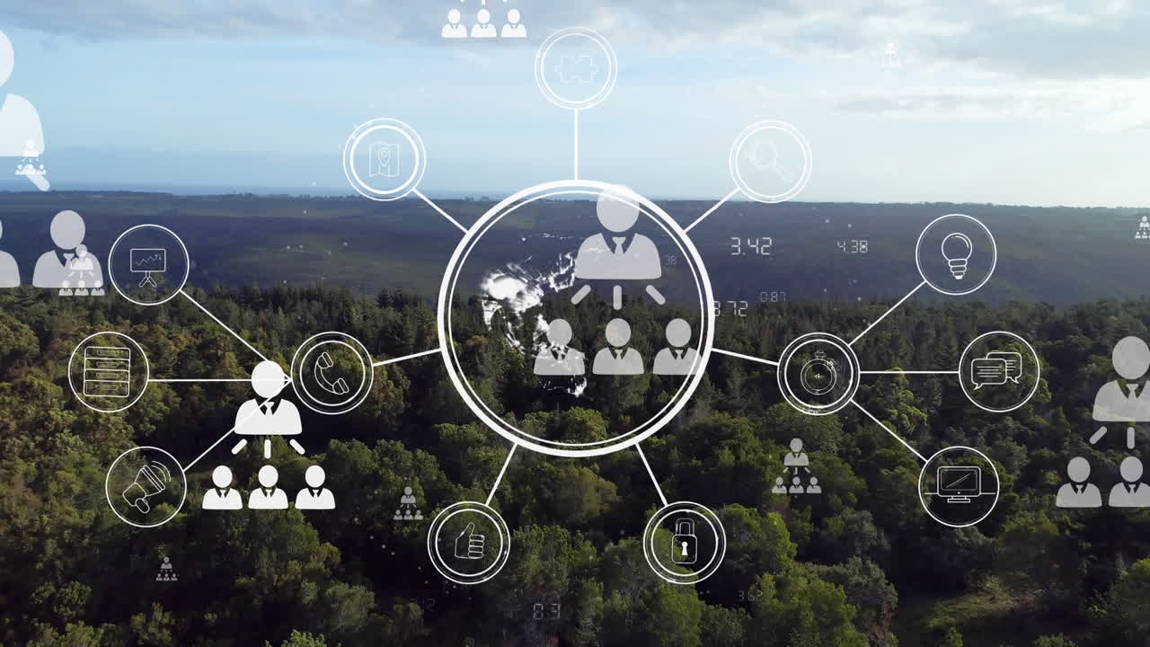 animación de una red de iconos digitales y un globo girando en el paisaje