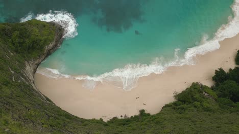 aerial view of a greenery-covered cliffside towering over nusa penida kelingking beach