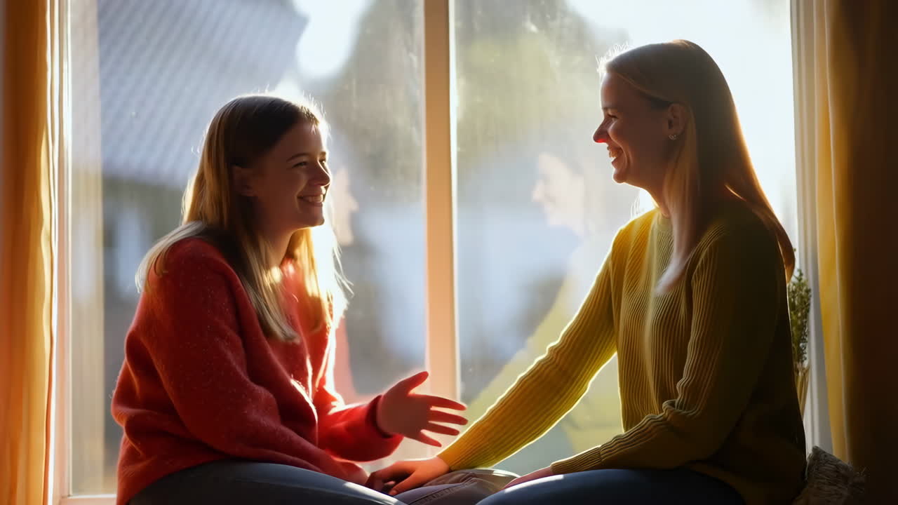 Two women talking by a window