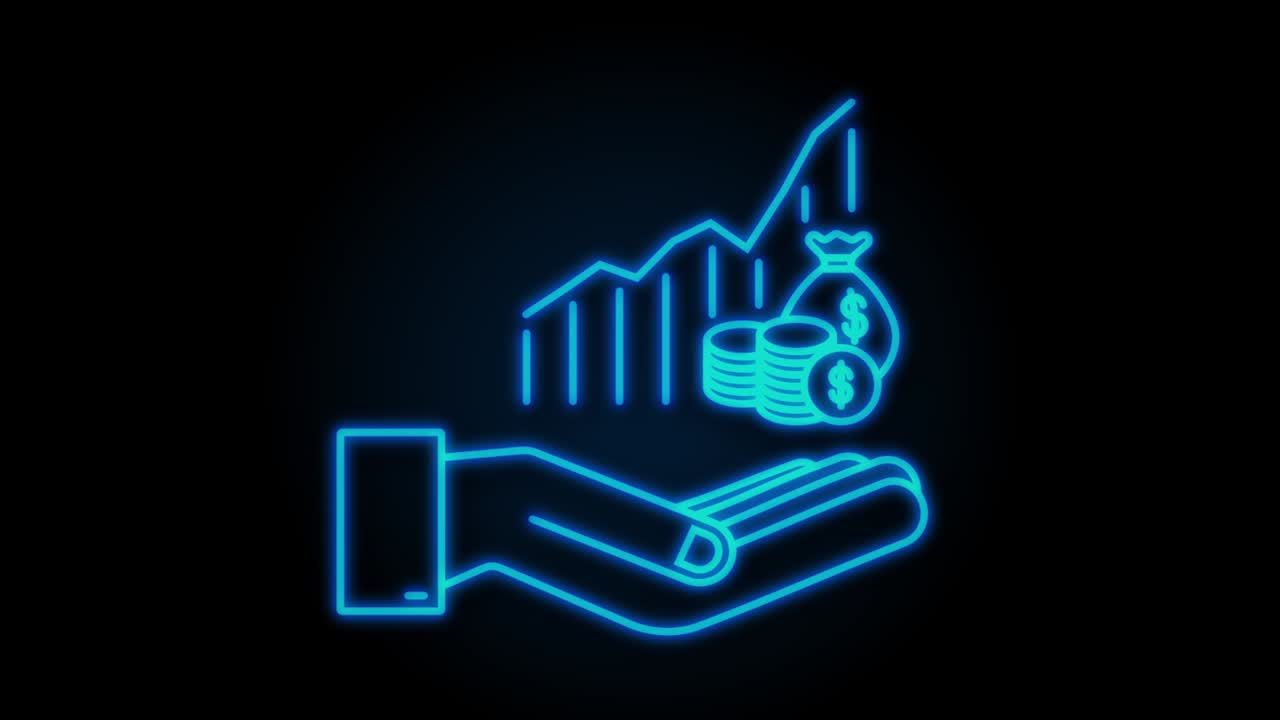 Neon profit money or budget. Cash and rising graph arrow up in hands. Capital earnings, benefit. motion graphic