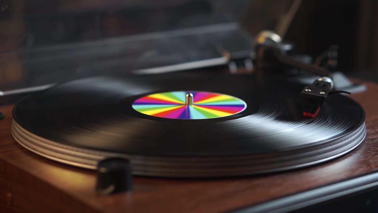 Playback of Long Play Vinyl Record on Vintage Turntable in Room Ambience, Close Up
