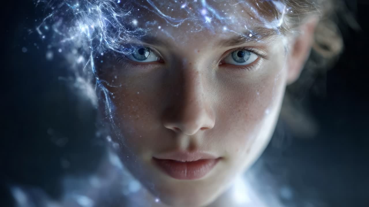 A Captivating Portrait of a Young Girl With Enigmatic Blue Eyes and Ethereal Light Effects Surrounding Her Face, Emphasizing the Beauty and Mystery of Youth