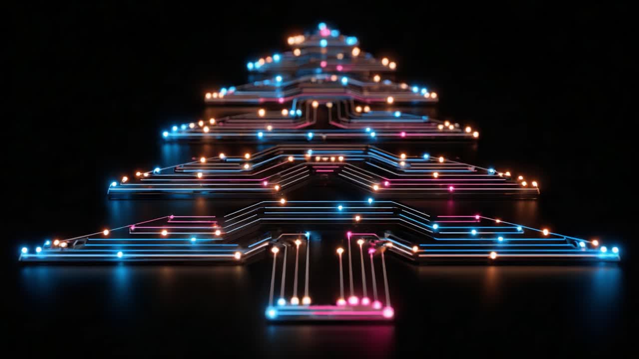 A Stunning Visualization of a Circuit Tree with Colorful LED Lights, Showcasing the Fusion of Technology and Aesthetics in a Modern Design Context