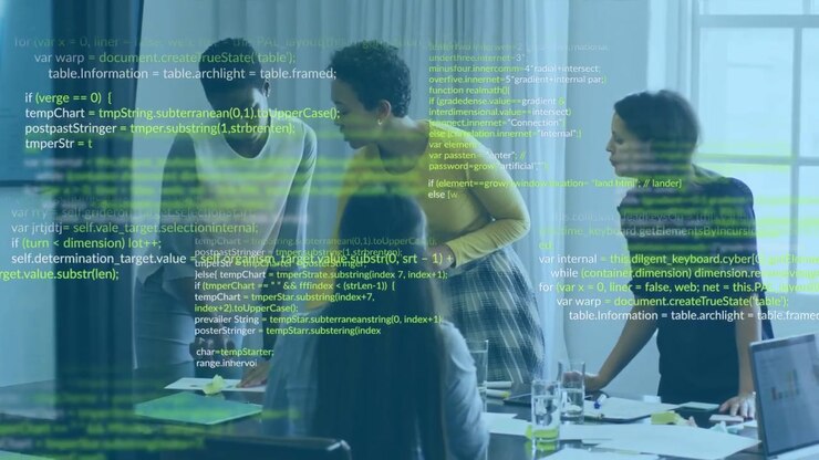 Lead woman picking papers, speaking, initiating team reviewing, scrolling code on laptop chart tech