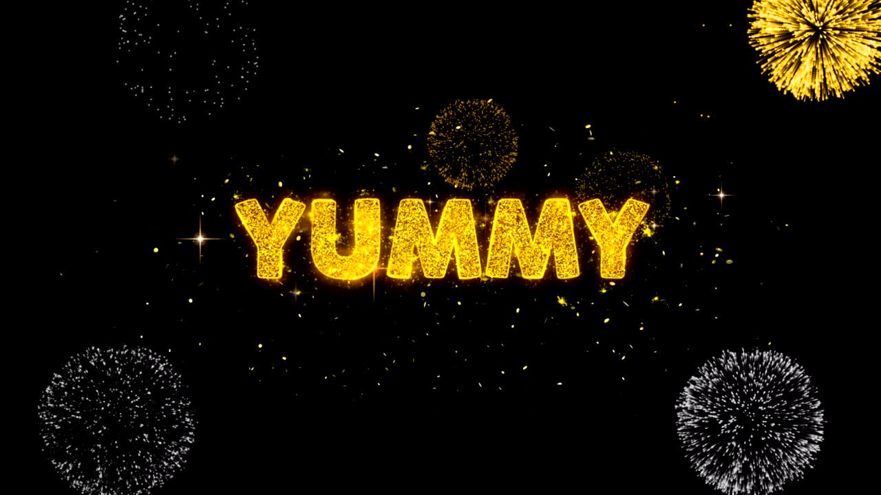 맛있는 텍스트는 반이는 황금 입자 불꽃놀이에 나타납니다.