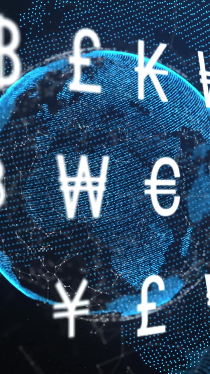 Animazione di simboli di valuta multipli su una rete di connessioni e un globo su sfondo blu