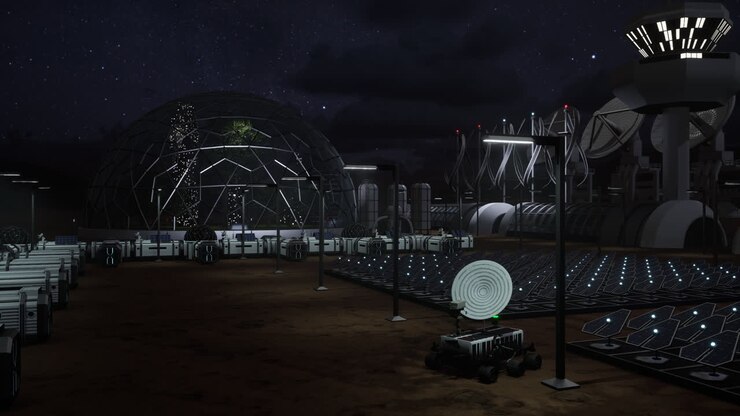 Futuristic excavation facility removing precious resources from Mars surface
