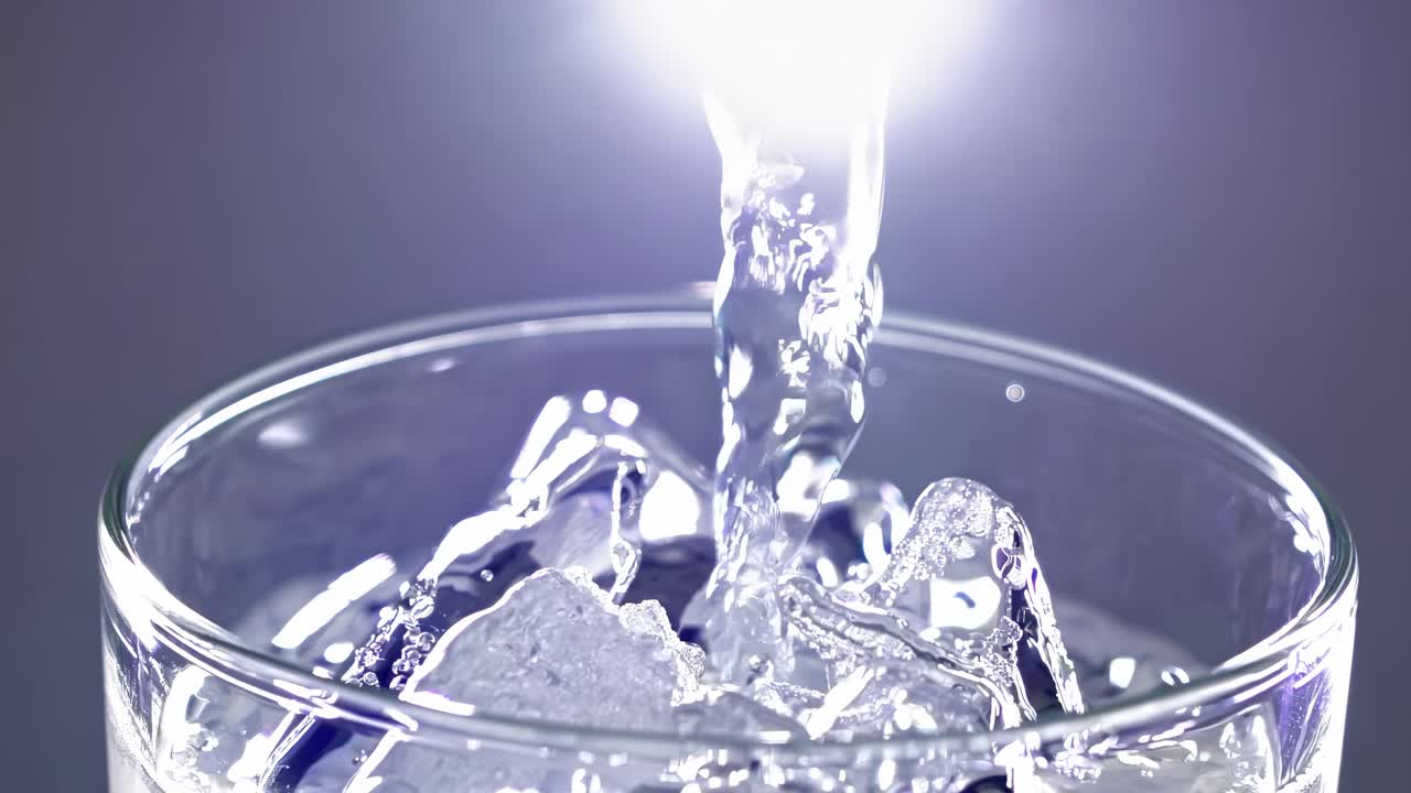 얼음 이 있는 유리잔 에 물 을 부어 넣는 것