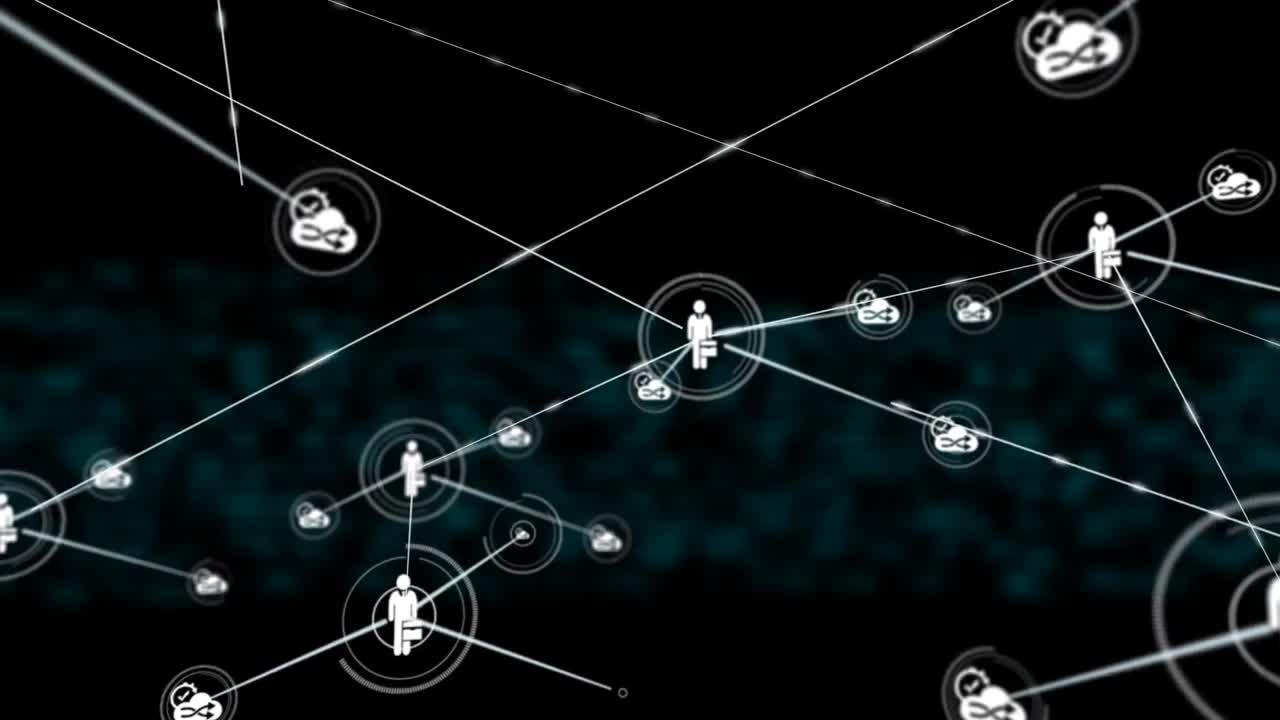 Animation of network of connections with icons over shapes on black background